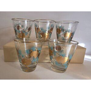 Libbey Set Of 5 Vintage Gold Aqua Pine Cone Glasses MCM